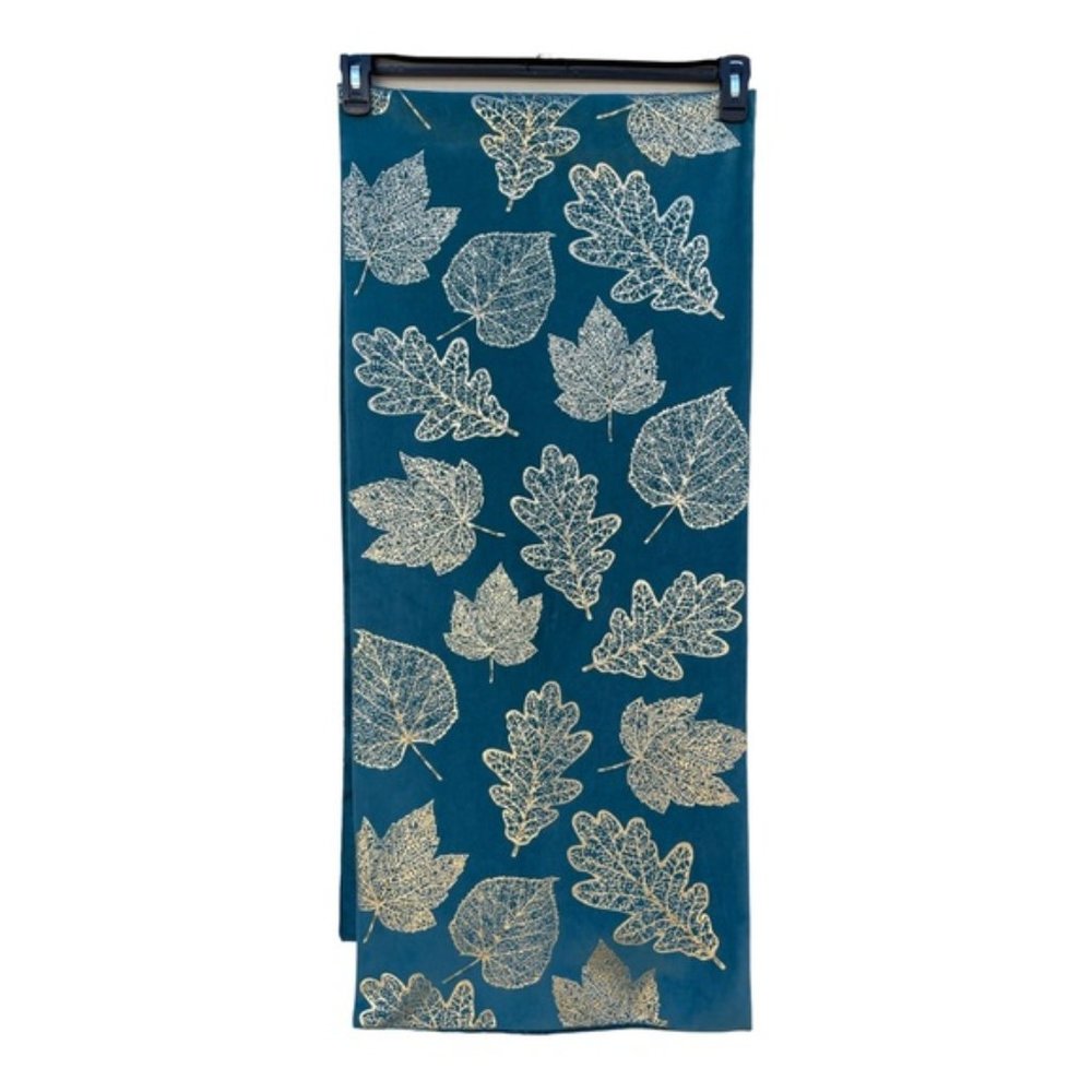 Autumn Gold Filigree Leaves Blue Table Runner with Beaded Stems 16"x 72"